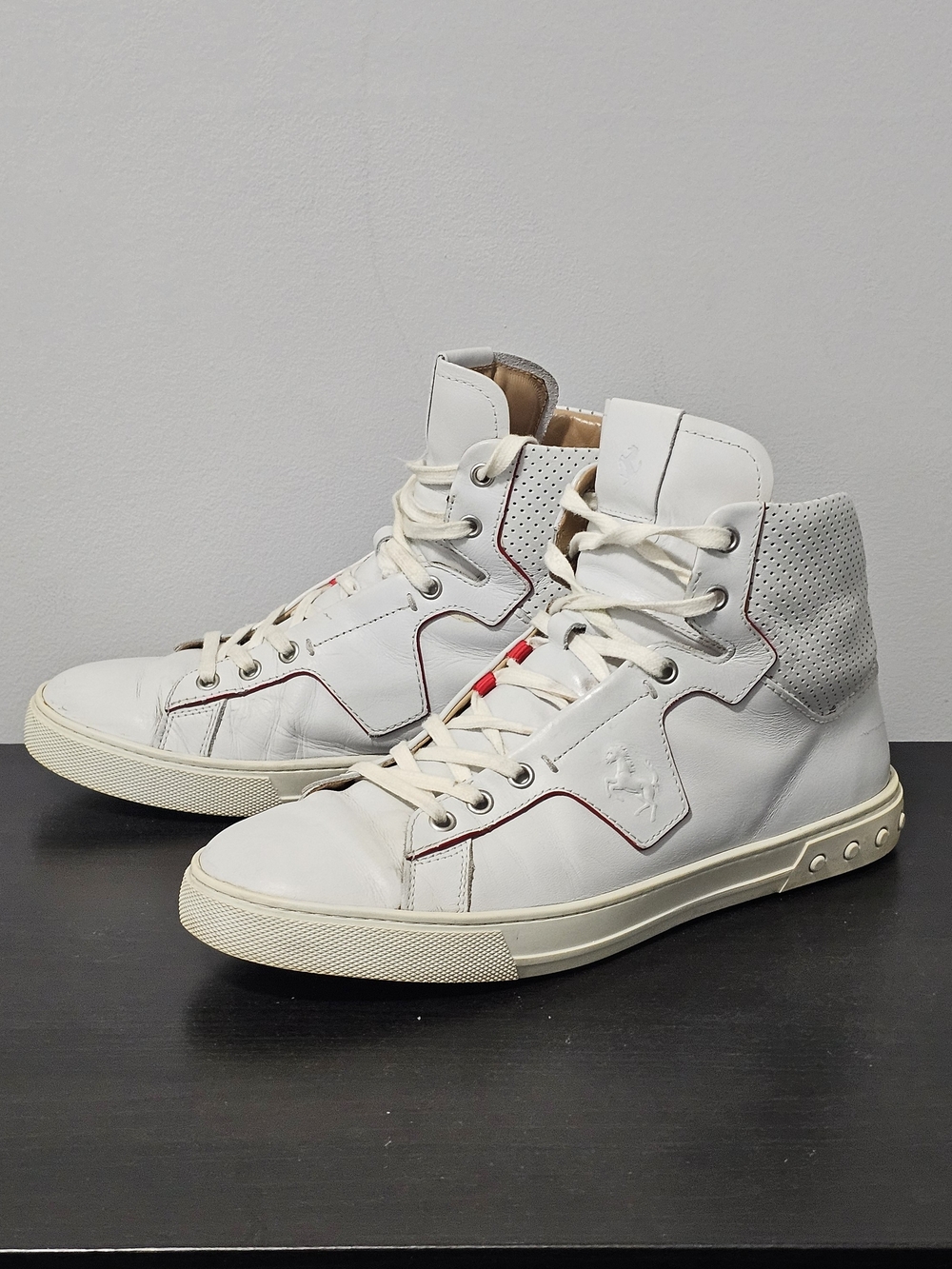 Tod's X Ferrari Men's 8 UK / 9US White Leather High Top Sneakers Red Trim